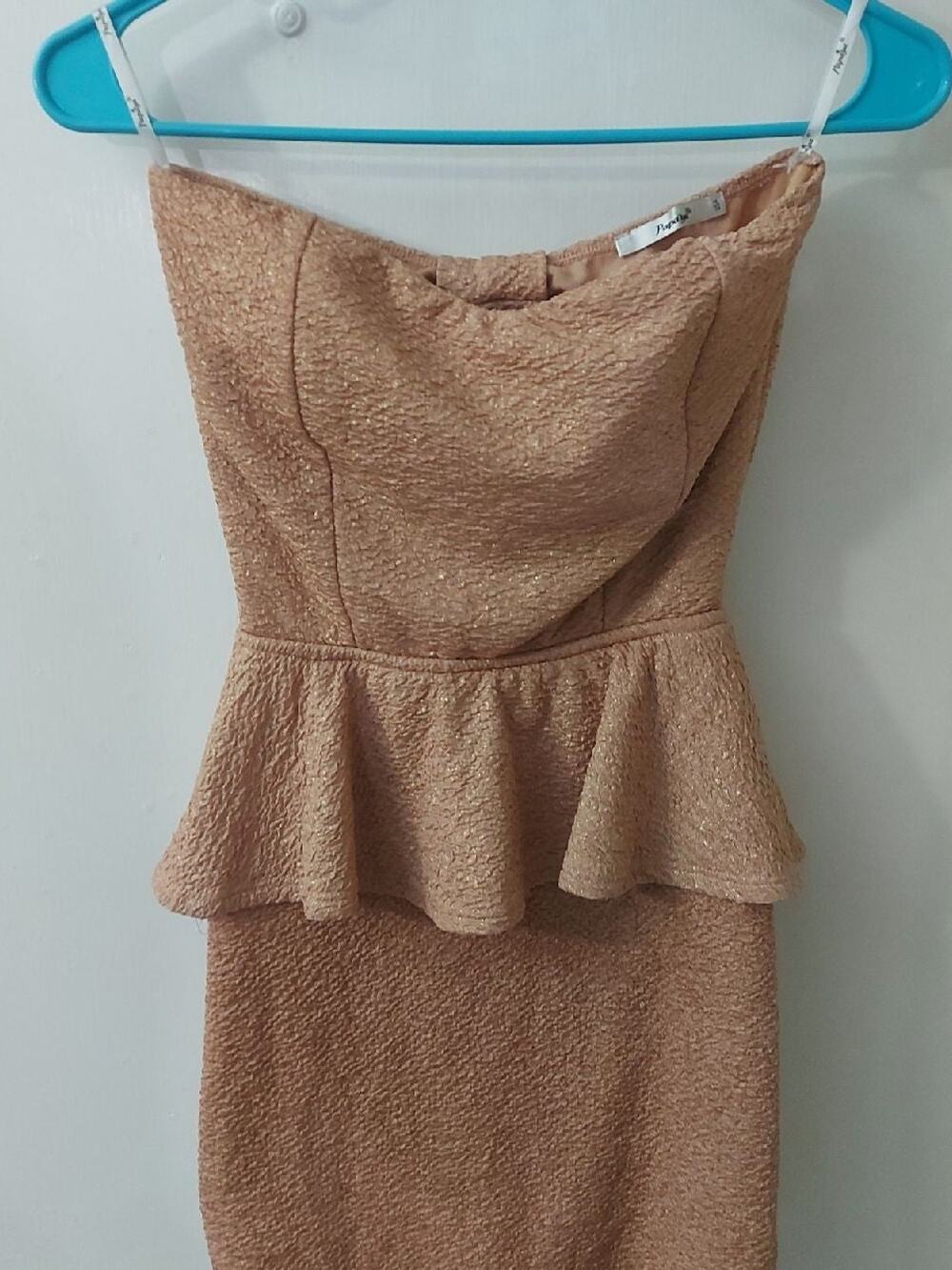 Papaya Strapless Brown/Gold Flecks Peplum Cocktail Dress M Coquette Girl Holiday